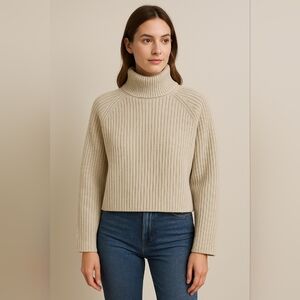 H&M Womens Minimalist Cream Neutral Ribbed Mock Neck Cropped Sweater – Size XXL